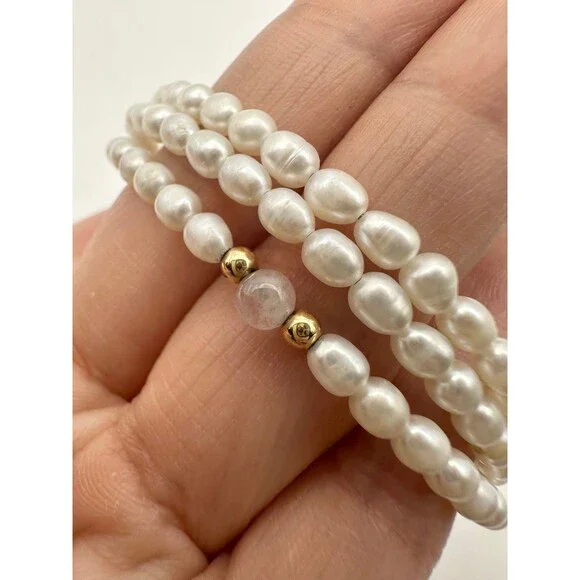 14k yellow gold beads freshwater pearl rose quartz wrap bracelet